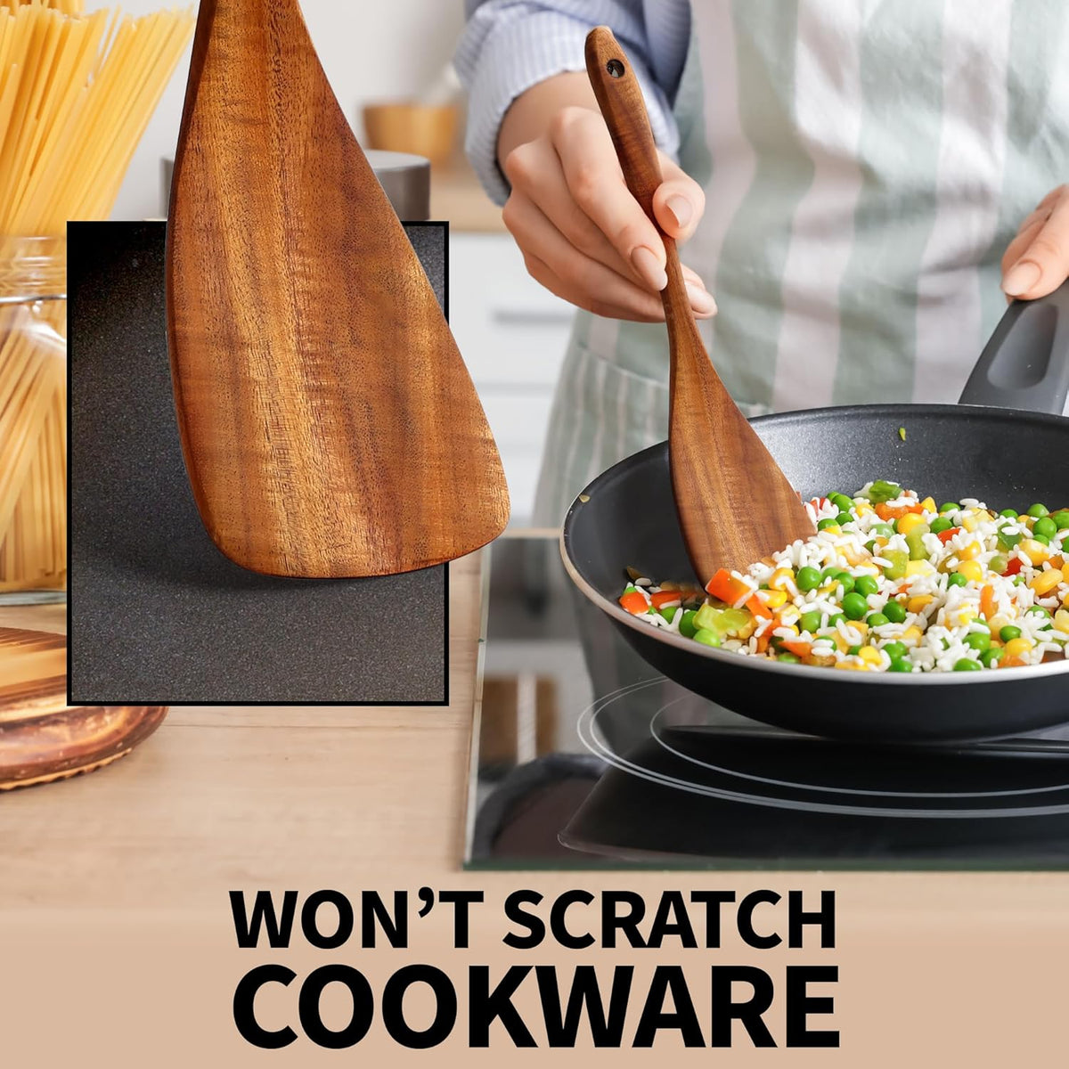 Zulay Kitchen 6-Piece Wooden Spoons for Cooking - Smooth Finish Teak Wood Utensils - Soft Comfort-Grip Cooking Wood Spoons Non-Stick Teak Easy to Clean Utensils Heat Resistant Non-Scratch Spoon Sets