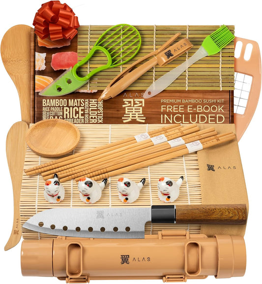 Alas Complete 20 Piece Sushi Making Set - Kit for Beginners & Pros with Knife, 2 Mats, Rice Bazooka and Dipping Plate