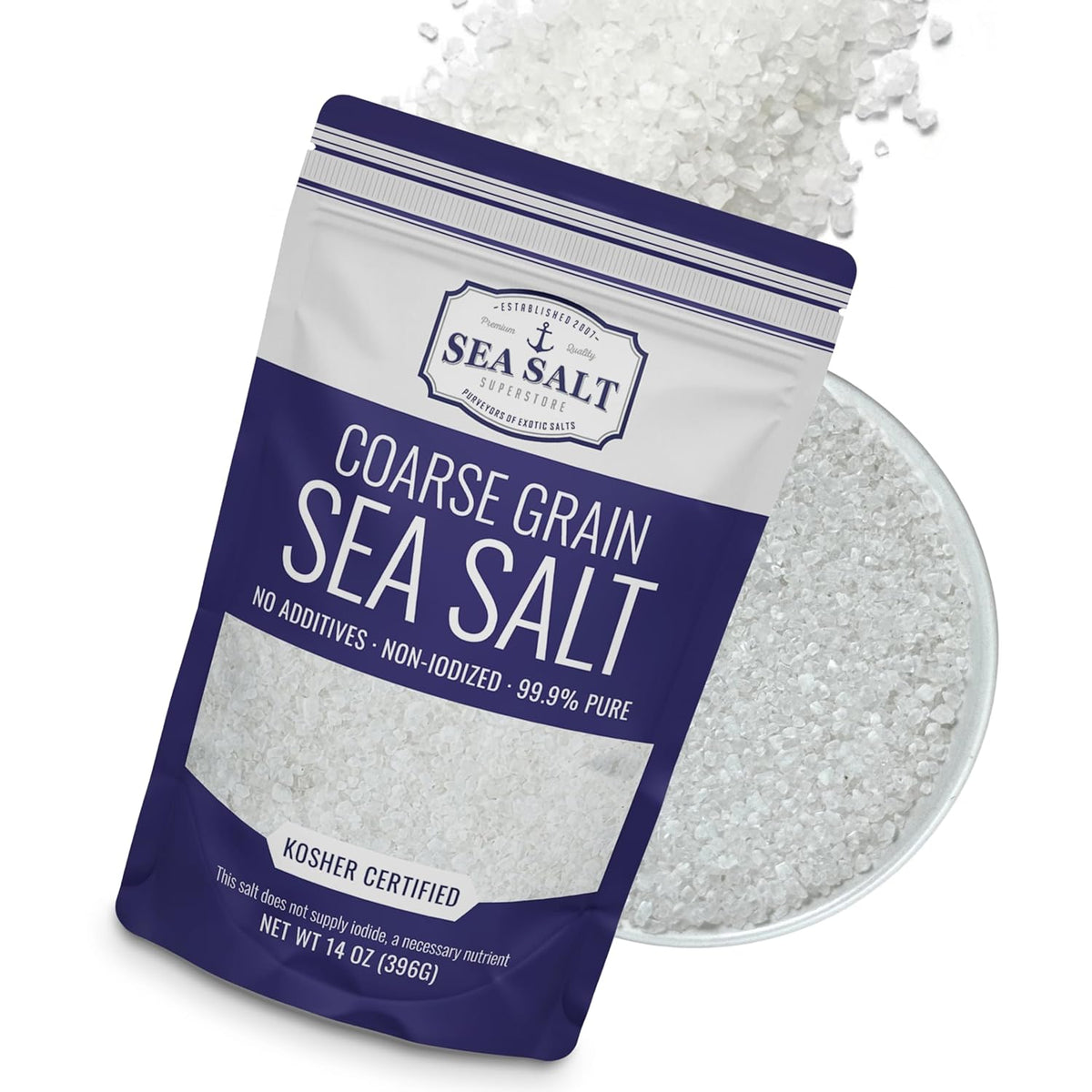 Sea Salt Superstore Coarse Sea Salt for Grinder Refill, Coarse Grain Kosher, Non-Iodized Unrefined Baja Salt for Cooking, Mineral-Rich, 14 oz Bag