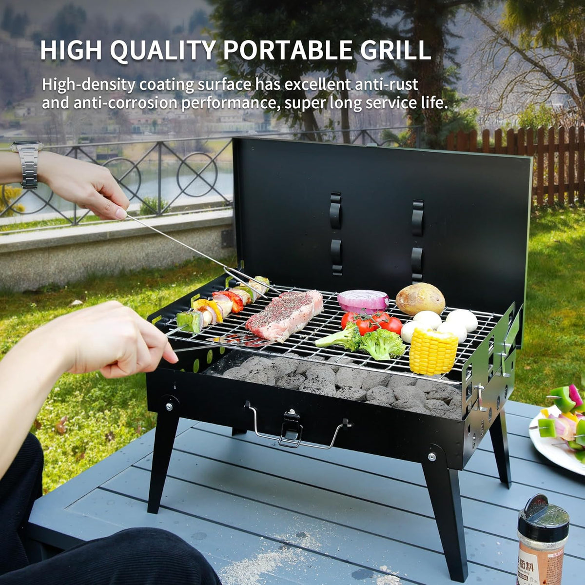 MASTER COOK Portable Charcoal Grill, Foldable BBQ Grill Kit Easy to Carry, Mini Tabletop Grill for Outdoor Camping, Patio and Picnic, 17.1”*10.8”*2.5”