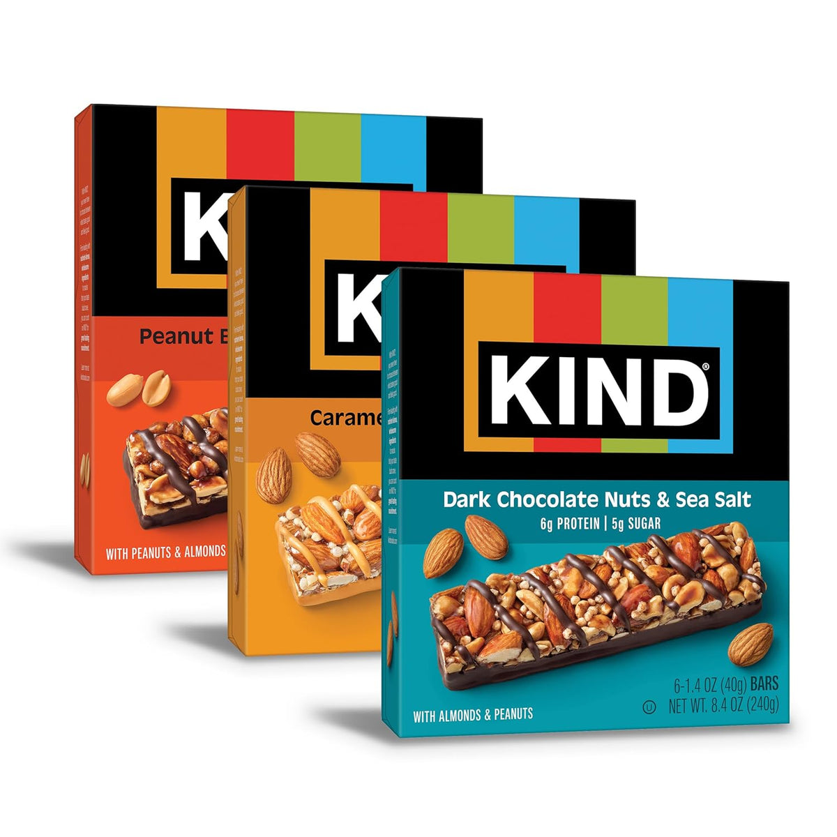 KIND Healthy Snacks Bars Variety Pack, Gluten Free, Low Sugar, High Fiber Snacks, Dark Chocolate Nuts & Sea Salt, Peanut Butter Dark Chocolate, Caramel Almond & Sea Salt, 6-7g Protein, 18 Count