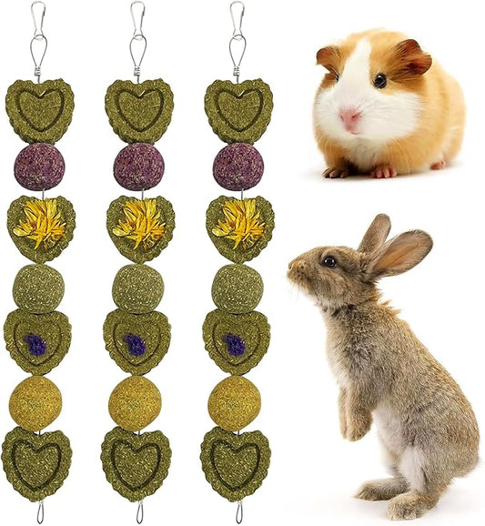 kathson 3Pcs Bunny Chew Toys Rabbit Chewing Toy for Teeth Hanging Grinding Chinchilla Treats Timothy Grass Cake Molar Balls for Guinea Pigs Hamsters Gerbils Rats Squirrels Playing Improve Pets Dental