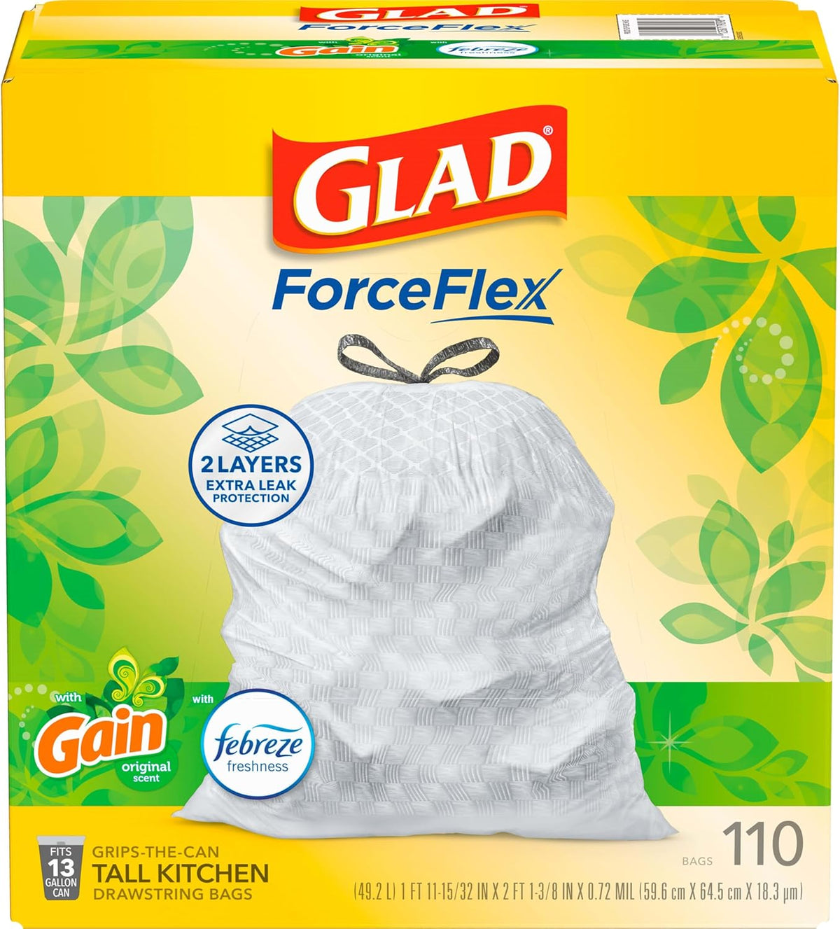 Glad ForceFlex Tall Kitchen Trash Bags, 13 Gal, Gain Original with Febreze, 110 Ct (Pack May Vary)