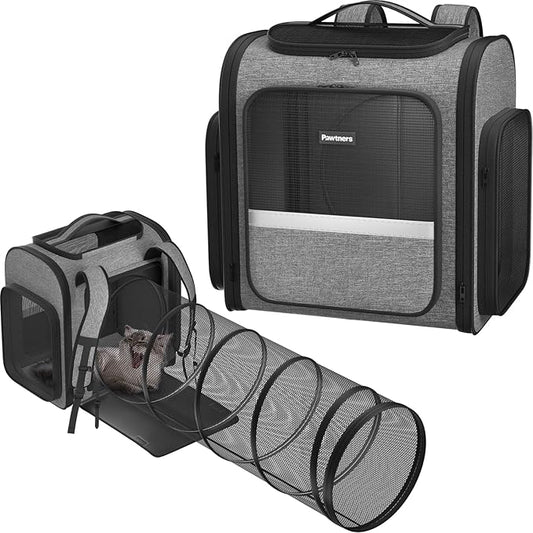 Pawtners Cat Carrier Backpacks with Play Tunnel, Expandable Cat Backpack with Breathable Mesh, Pet Carrier Backpack for Small Cats Dogs Up to 18 Lbs, Dog Backpack for Travel Hiking Camping Outdoor
