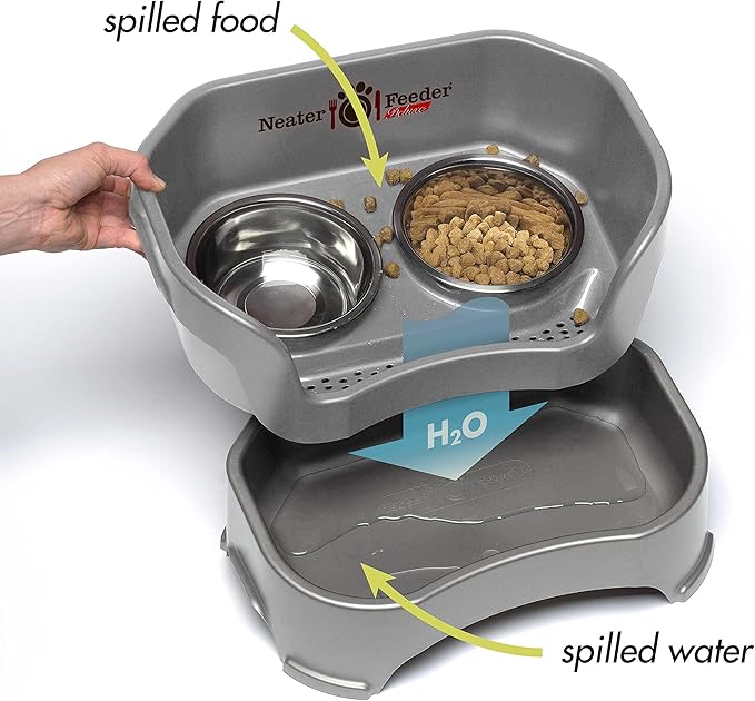 Neater Pet Brands Neater Feeder Deluxe Mess Proof Dog Bowls Elevated for Large Dogs Over 40 lbs, Made in USA, No Spill Raised Dog Food Bowl Stand Feeding Station, Food and Water Bowl Set, Grey