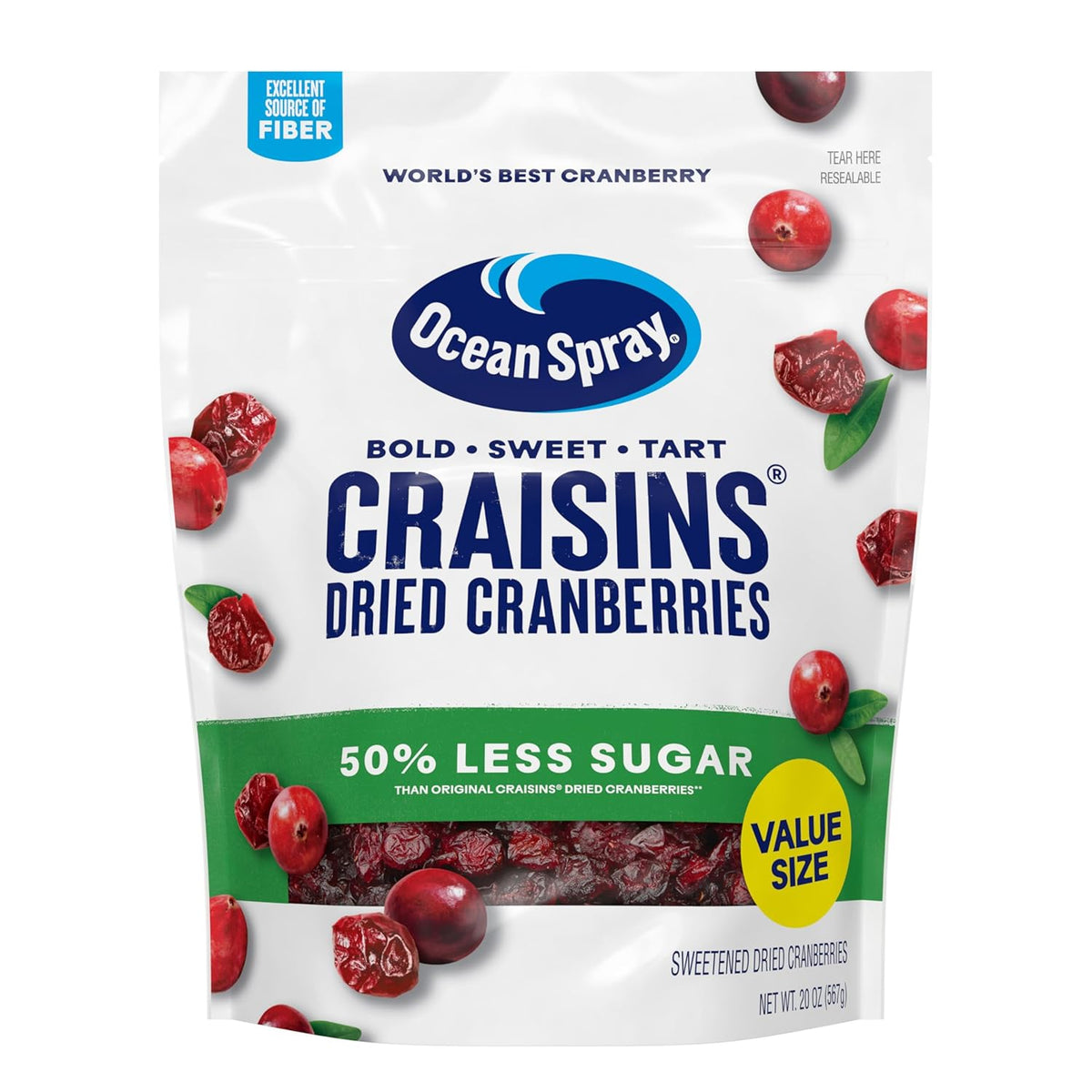 Ocean Spray® Craisins®, 50% Less Sugar Dried Cranberries, Dried Fruit, 20 Oz Pouch