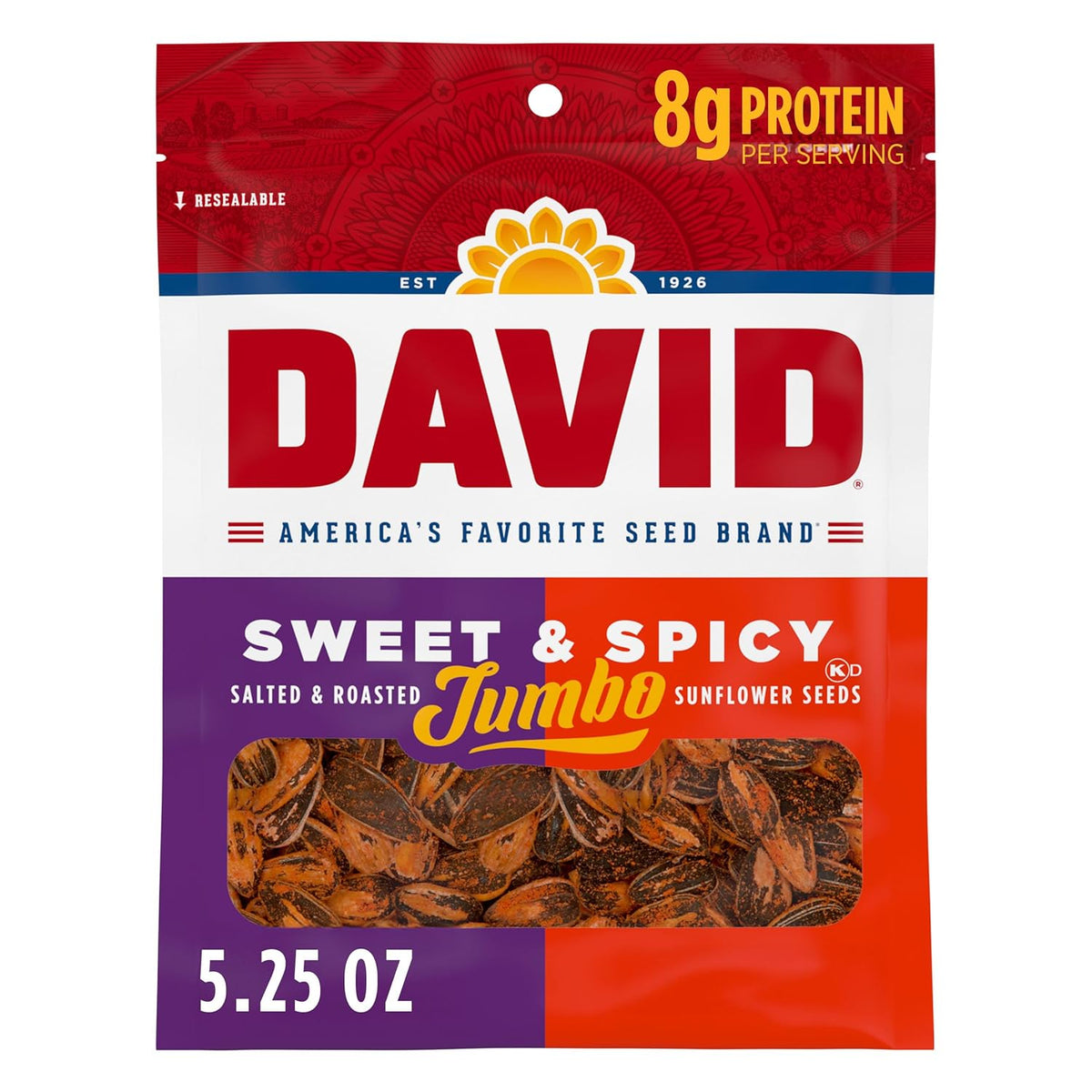 DAVID Jumbo Sunflower Seeds, Sweet and Spicy Flavor, 5.25 oz.