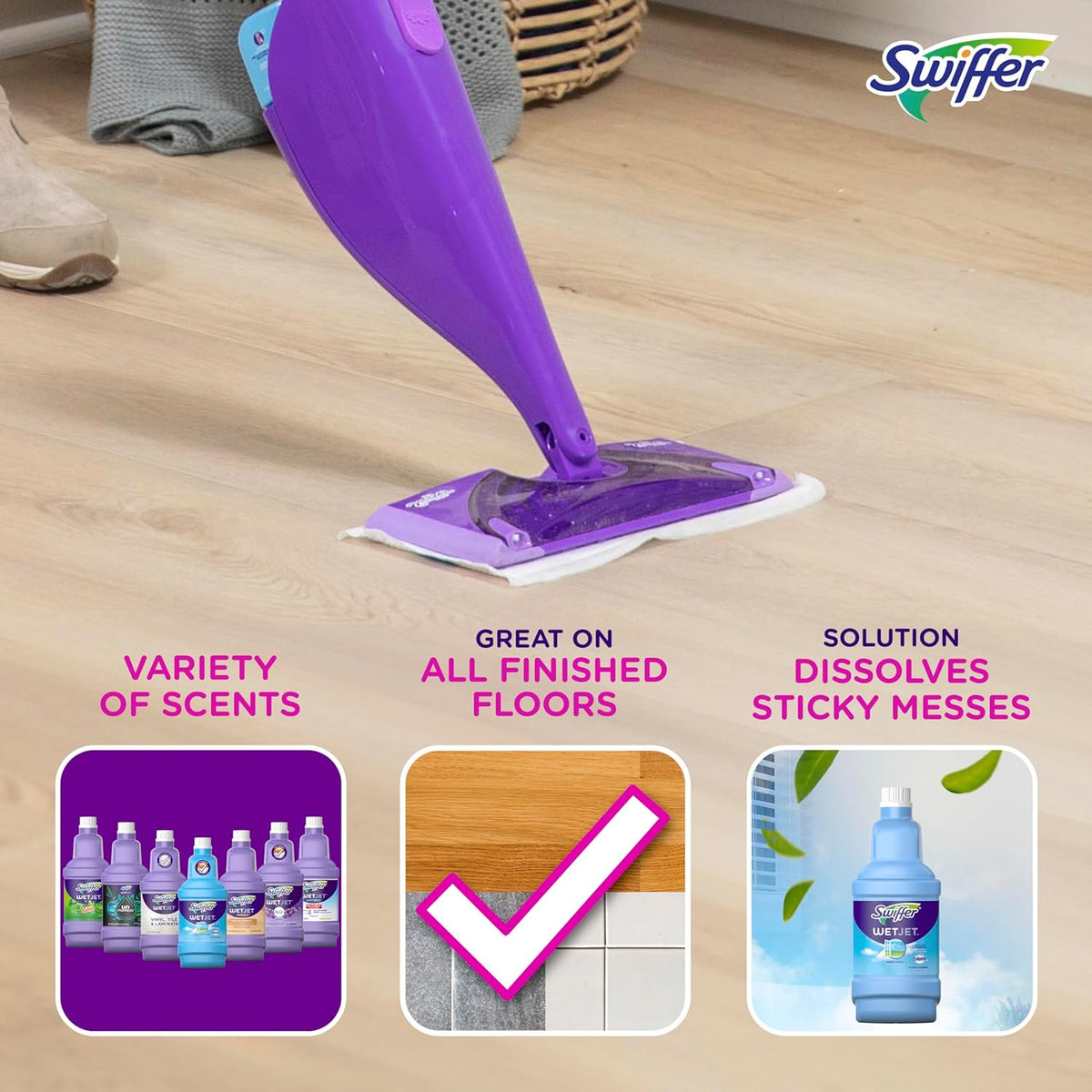 Swiffer WetJet Multi-Purpose and Hardwood Liquid Floor Cleaner Solution Refill, with Gain Scent, 42.2 fl oz each, (Pack of 2)