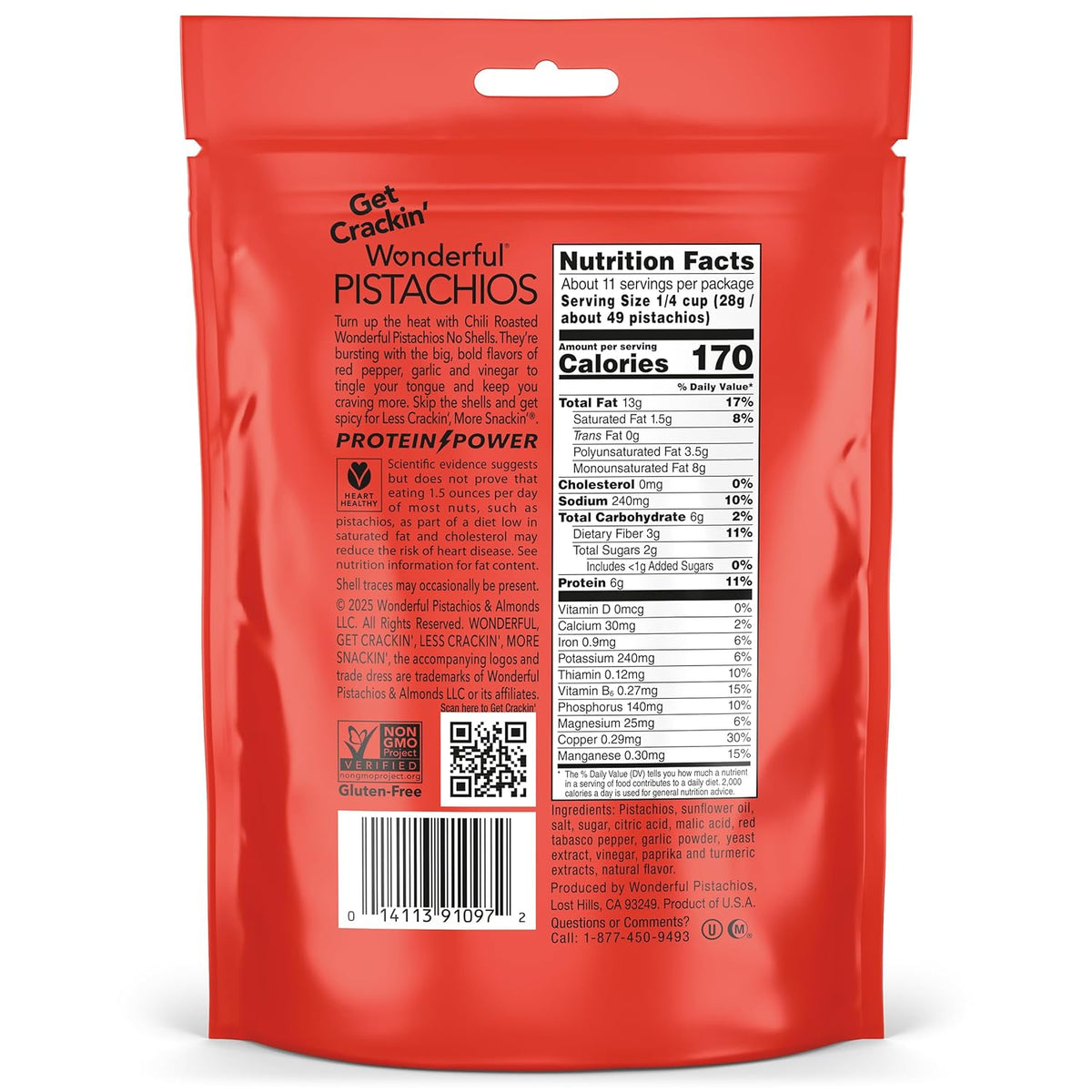 Wonderful Pistachios No Shells, Chili Roasted Nuts, 11 Ounce Resealable Bag, Protein Snacks, Gluten Free College Snacks, Healthy Snacks for Adults