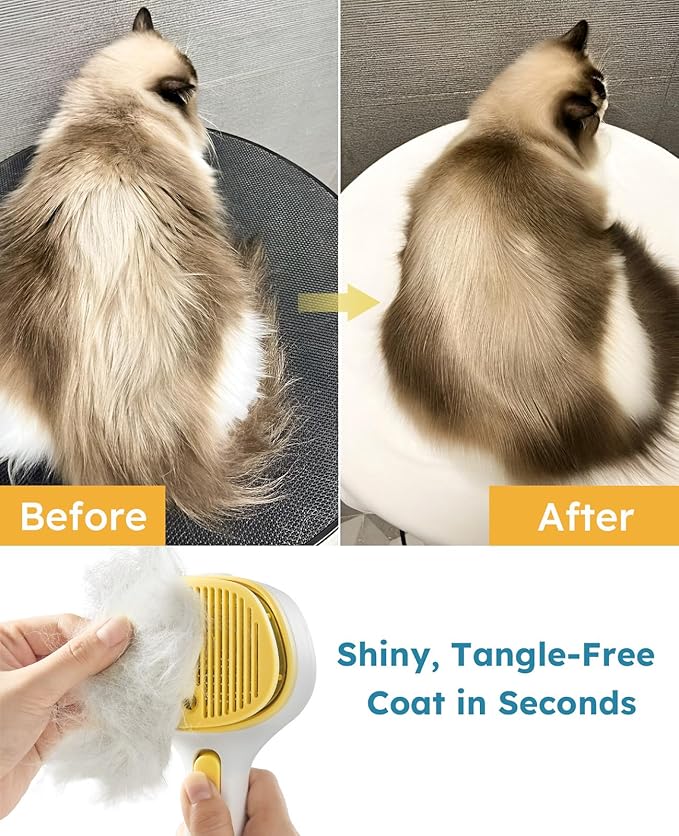 FURGO 3-in-1 Pet Steam Brush for Dogs & Cats – Reduces Static, Short-Pin Head for Short Hair, One-Click Release Button, Dog Spray Brush for Shedding Control (Short)