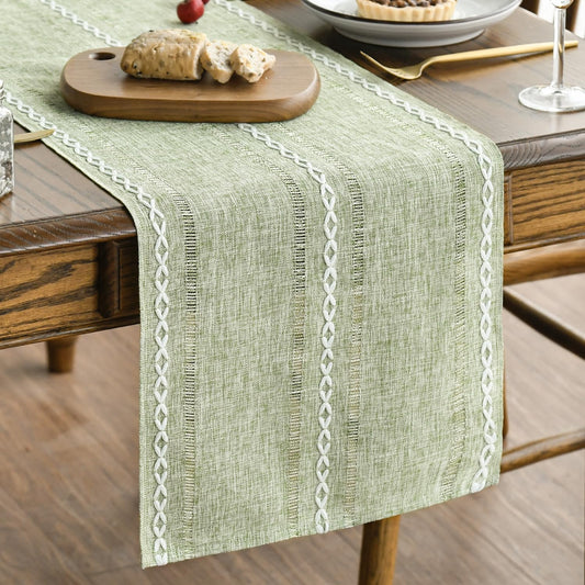 Artoid Mode Sage Green Rustic Cotton Linen Table Runner, Seasonal Embroidered Hollow Kitchen Dining Table Decoration for Home Party Decor 13x72 Inch