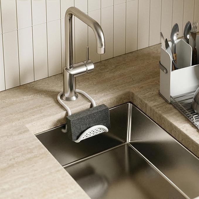 Umbra Sling Kitchen Sink Caddy Sponge Holder, Hangs Over Faucet or Divider, Single, White