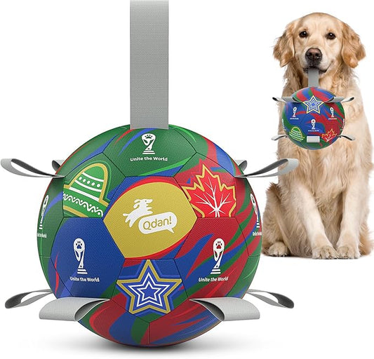 QDAN Dog Soccer Ball with Straps, 7 Inch World Cup Soccer Ball for Dogs, Water Toy, Dog Ball Toys for Medium Large