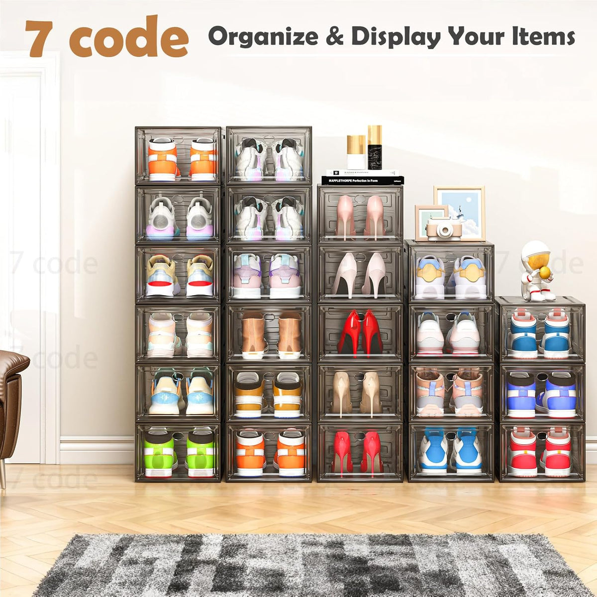 7 code Thicken & Sturdy Clear Shoe Storage Organizer with Magnetic Door, Stackable Boxes for Closet, Foldable Shoe Rack for Sneaker Boot Container, Plastic Shoe Cabinet Shoe Box 6 Pack, Black