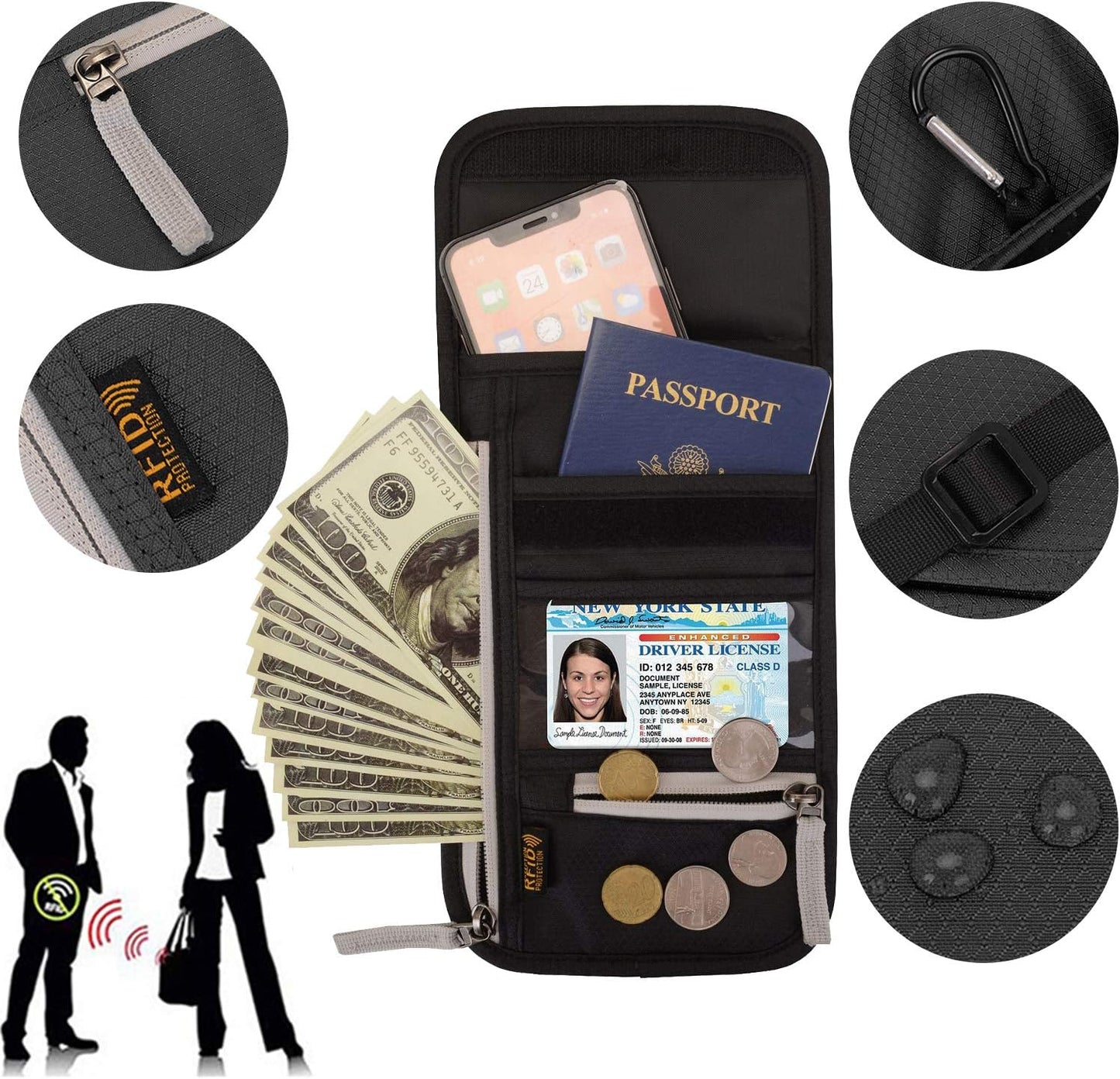 Peicees RFID Blocking Travel Neck Wallet for Men Women Family Passport Holder Lanyard Neck Pouch Slim Travel Document Holder