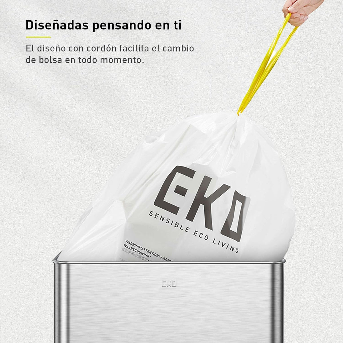 EKO 21 Gallon / 50-90 Liter, 60 Count Drawstring Trash Bags, Extra-Strong Unscented Garbage Bags, Easy-Dispense Roll for Kitchen & Household Use, Code G, White