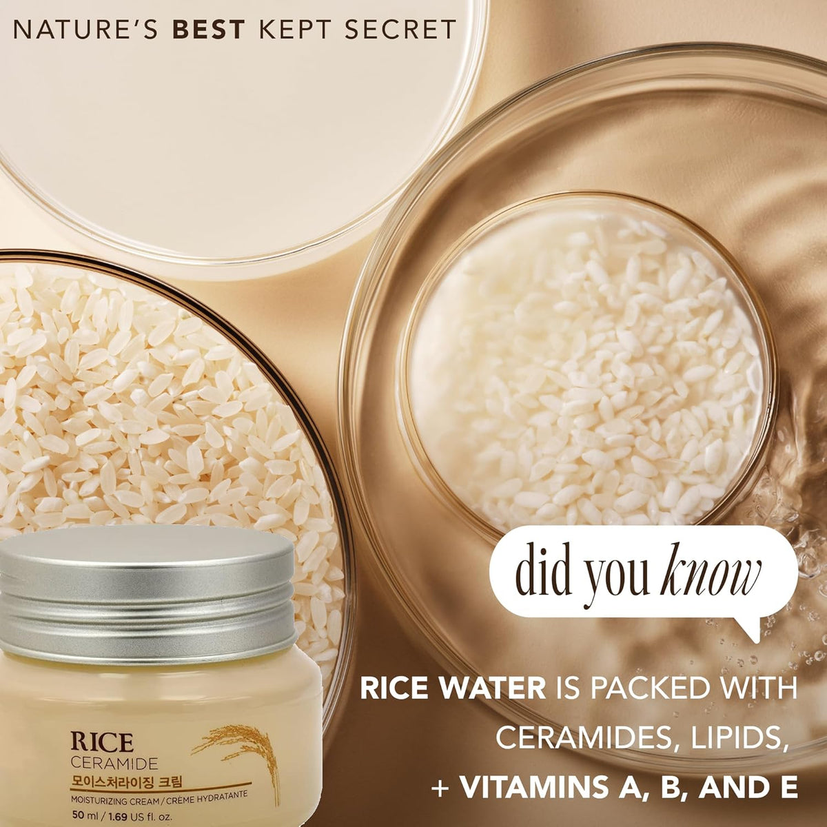 The Face Shop Rice Ceramide Cream, Hydrating Face Moisturizer, for Dry & Combination Skin, Lightweight, Fast-absorbing, 1.69 fl. oz.