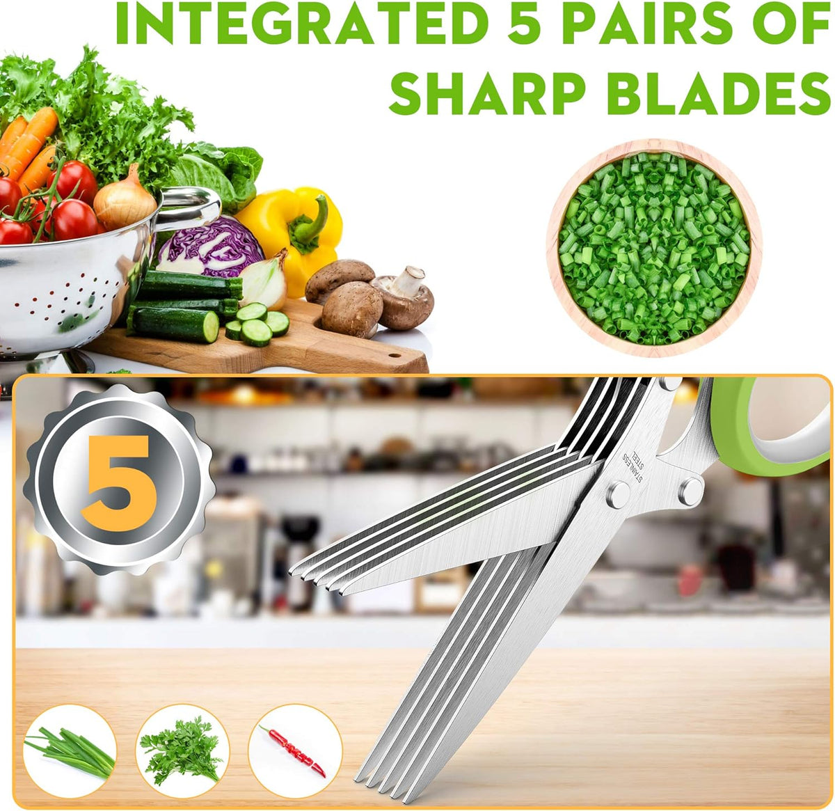 Herb Scissors Set - Updated 2025 Cool Kitchen Gadgets for Cutting Fresh Garden Herbs - Herb Cutter Shears with 5 Blades and Cover, Sharp and Anti-rust Stainless Steel, Dishwasher Safe (Green-White)