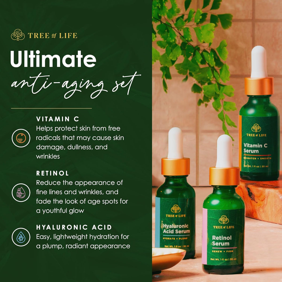 Tree of Life Beauty Facial Skin Care Set, Brightening, Firming, Hydrating, Dry Face, Dermatologist Tested - Trio Power Kit, Vitamin C, Retinol and Hyaluronic Acid, 3 count of 1 Fl Oz
