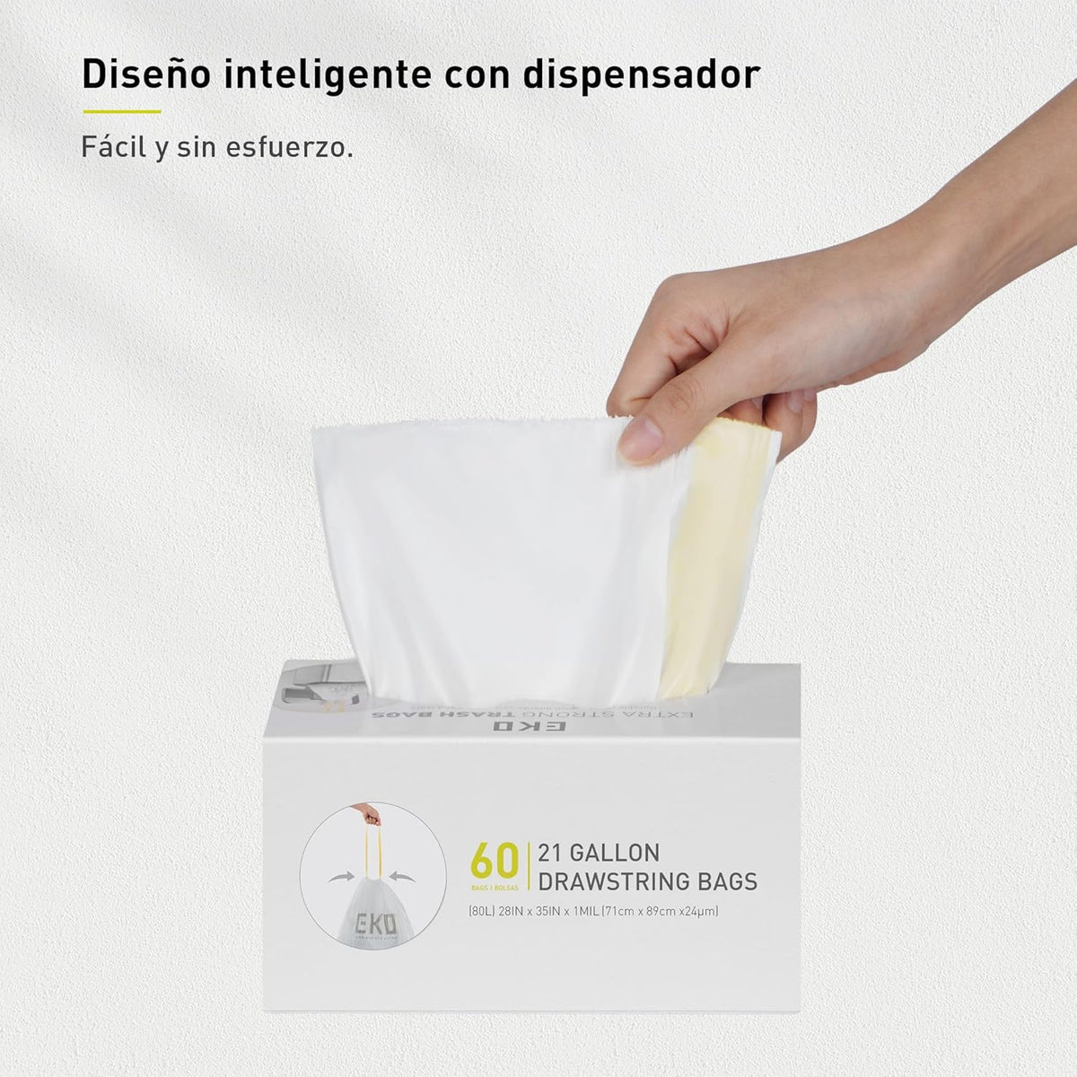 EKO 21 Gallon / 50-90 Liter, 60 Count Drawstring Trash Bags, Extra-Strong Unscented Garbage Bags, Easy-Dispense Roll for Kitchen & Household Use, Code G, White