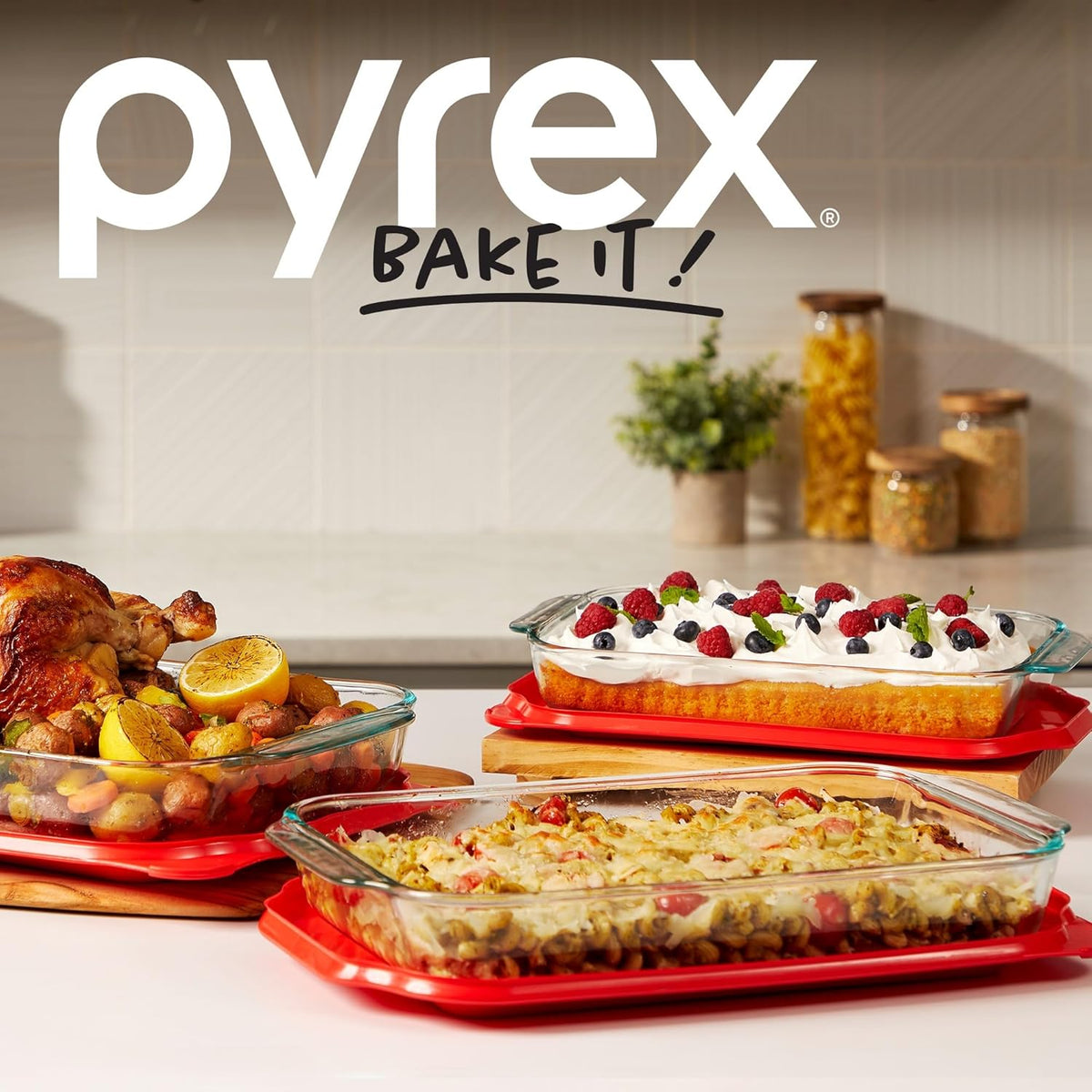 Pyrex Basics 3-Pack Glass Baking Dish Set (2QT, 3QT, 4.8QT) With BPA-Free Lids, Rectangular Glass Bakeware, Dishwasher, Microwave, Freezer & Pre-Heated Oven Safe
