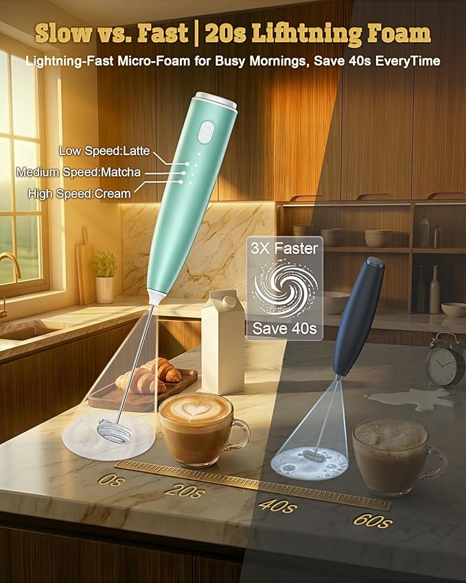 Portable Milk Frother Handheld,Electric Drink Mixer & Wand, 3 Detachable Stainless Steel Whisks, 3 Adjustable Speeds Quiet, USB C Rechargeable for Coffee, Latte, Matcha, Home & Kitchen (Light green)
