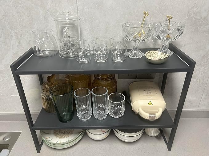 2 Tier Expandable Cabinet Shelf Organizer 14.5-25" L Kitchen Counter Shelf Rack Stand Sink Riser Countertop Storage Black (Normal 7.9”D)