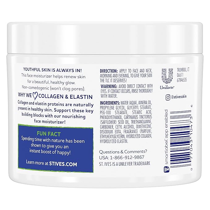 St. Ives Face Moisturizer Cream, Collagen and Elastin, Renewing Facial Moisturizer for Women, Paraben Free, Dermatologist Tested Daily Moisturizing for Dry Skin Cruelty Free, 10 oz