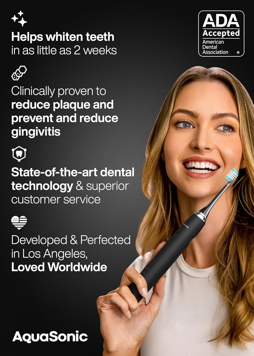 Aquasonic Black Series Ultra Whitening Toothbrush – ADA Accepted Electric Toothbrush- 8 Brush Heads & Travel Case – 40,000 VPM Electric Motor & Wireless Charging - 4 Modes w Smart Timer