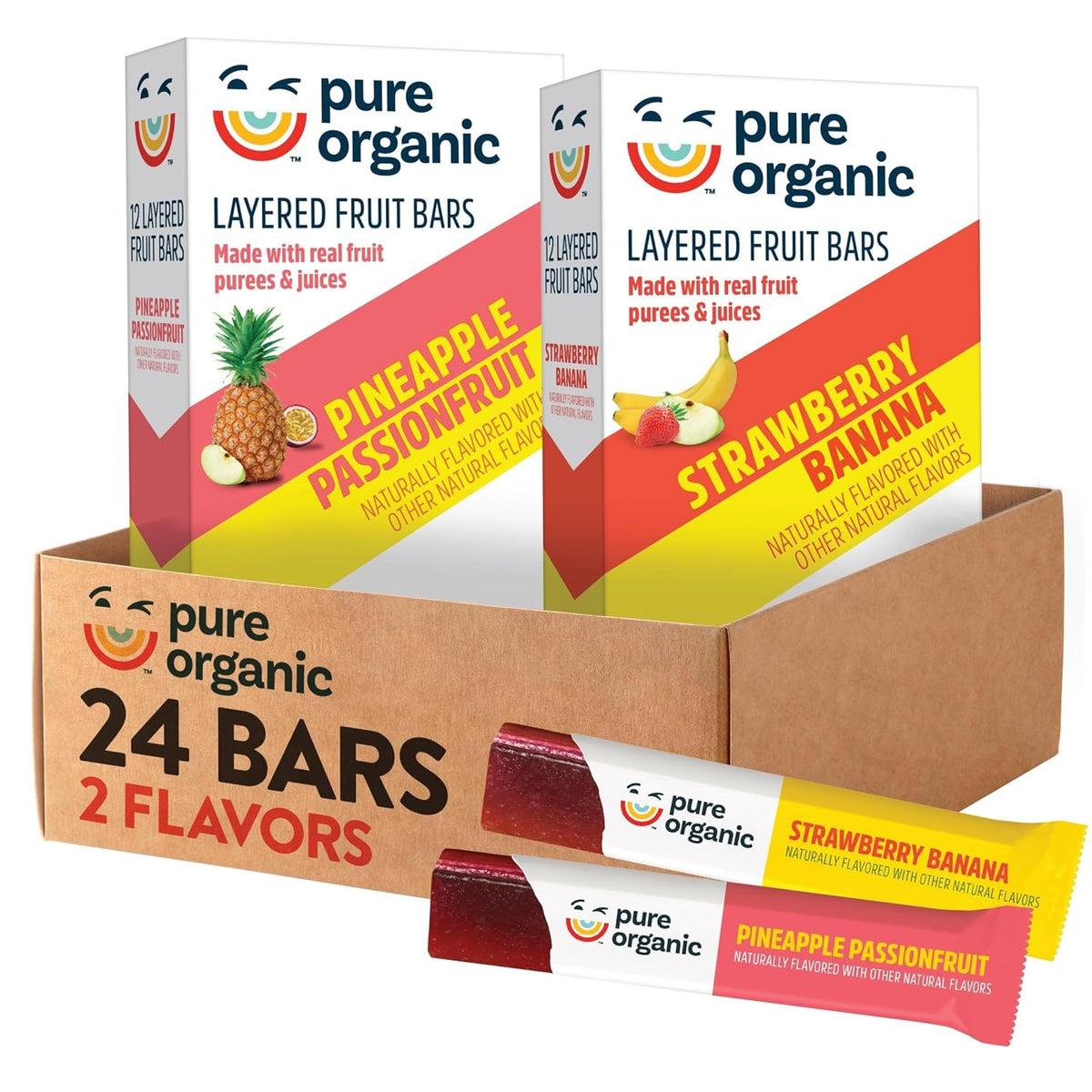 Pure Organic Layered Fruit Bars, Gluten Free, Vegan Fruit Snacks, Variety Pack, 12.4oz Box (24 Bars)