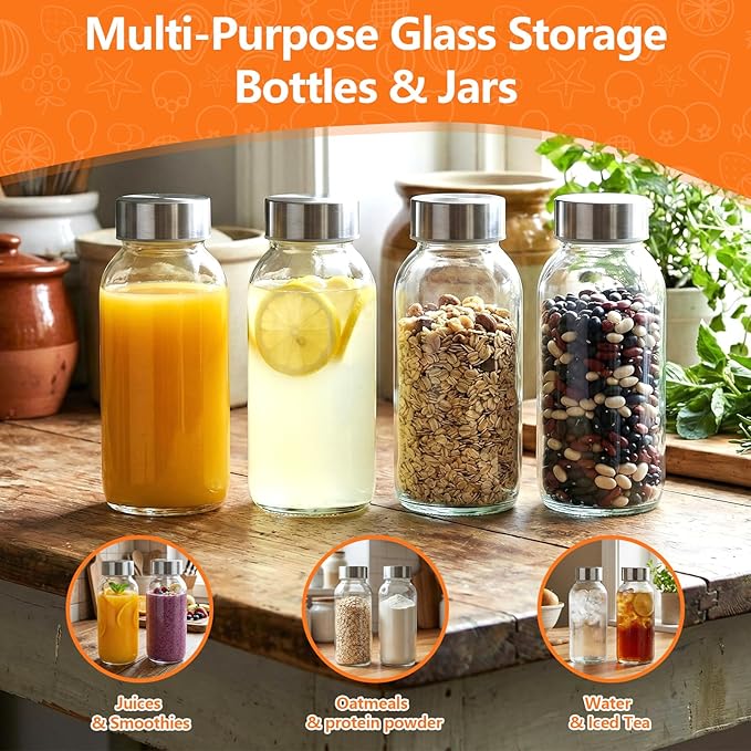 Luxfuel 8 oz Glass Water Bottles with Lids, 16 Pack Small Glass Juice Bottles with Stainless Steel Caps & Funnel, Leak-Proof Containers for Juicing, Milk, Ginger Shots, Smoothies, Wellness Drinks
