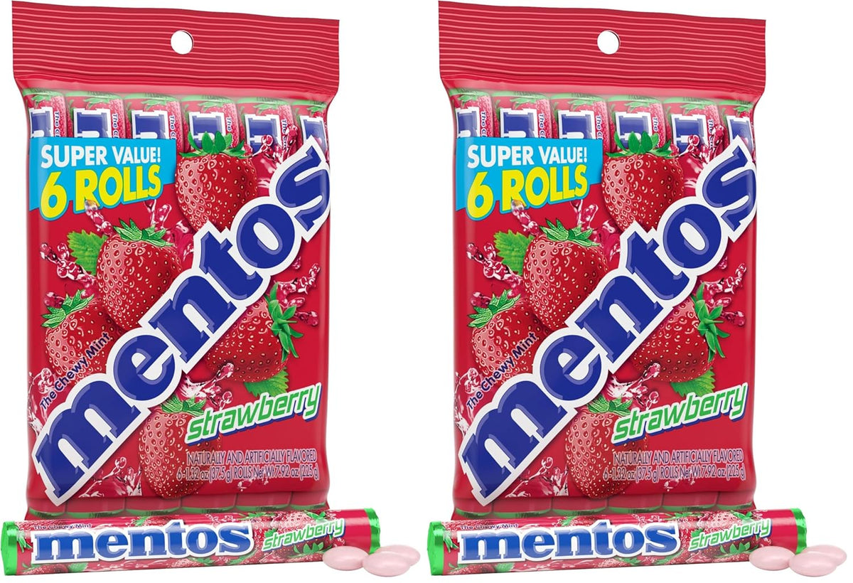 Mentos Strawberry Chewy Mint Candy Roll, 14 Pieces Per Roll, 6 Count Party Pack