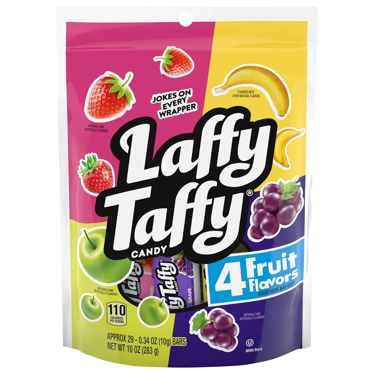 Laffy Taffy Assorted, Mini Bars, Stand Up Bag, Chewy Candy in a Variety of Fruity Flavors, 10 oz