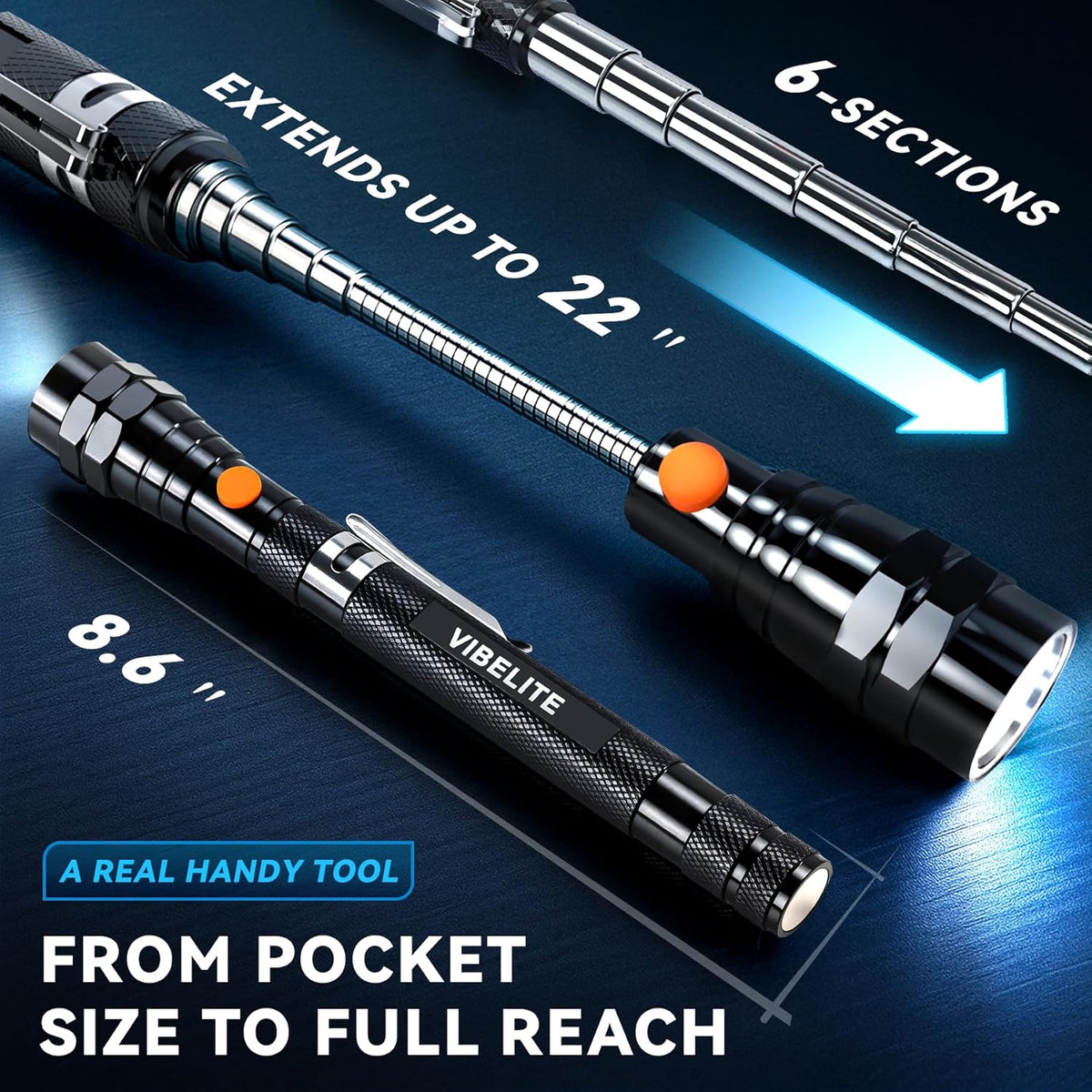 VIBELITE Extendable Magnetic Flashlight with Telescoping Magnet Pickup Tool-Cool Gadget Gifts Stocking Stuffers for Men, Teen Boys, Husband, Dad, Father, Mechanic, Him, Women, Black