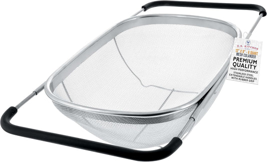 U.S. Kitchen Supply Stainless Steel Colander Strainer - 6-Quart Collapsible Colander with Expandable Rubber Handles - Rectangular Sieve, Fine Mesh Stainless Steel Strainers and Colanders for Kitchen