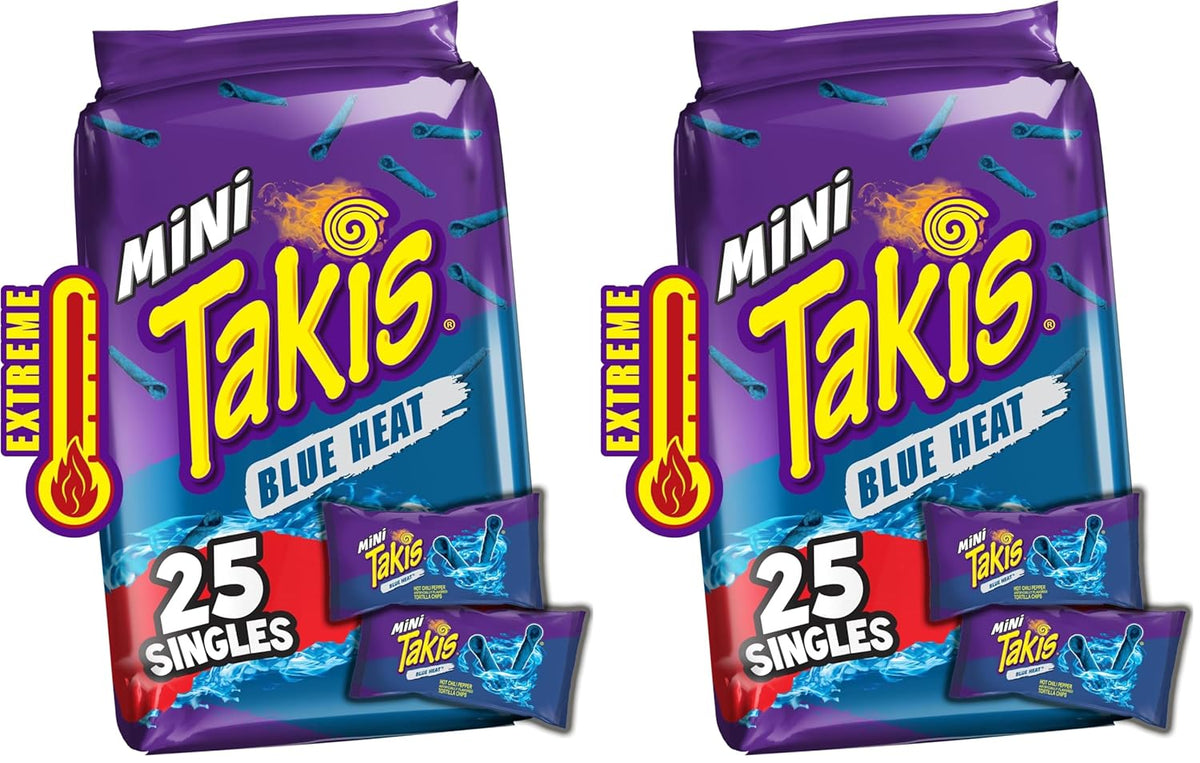 Takis Mini 25 pc / 1.23 oz Bite Size Variety Pack, Assorted Flavored Mixed Rolled Tortilla Chips – (15) Fuego, (10) Blue Heat