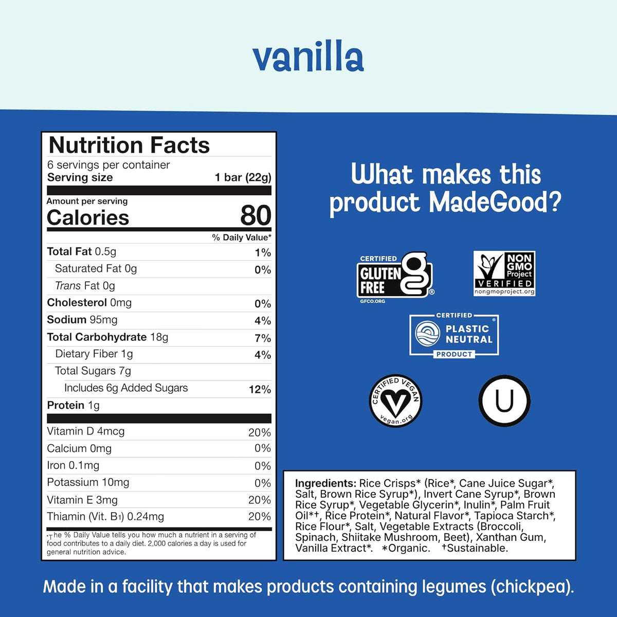 MadeGood Crispy Squares, Vanilla (36 Count) Gluten Free Snacks
