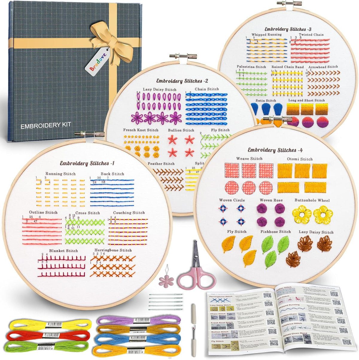 Bradove Classic Embroidery Stitches Practice Kit, Embroidery Kit for Beginners, Beginner Embroidery Kit for Adults, Hand Embroidery Kit for Kids, Stitches Kit