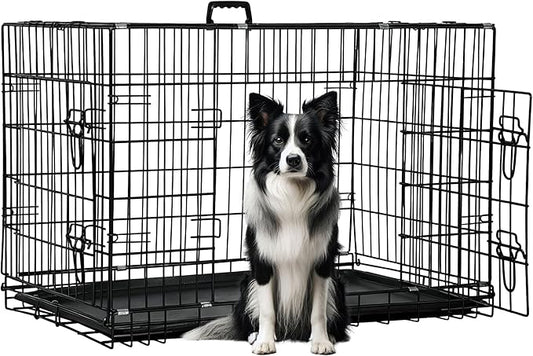 FDW Dog Crate 42-Inch Dog Cage Foldable Metal Kennel with Leakproof Tray Foldable Design Indoor Outdoor Use for Large Dogs,Dark Black