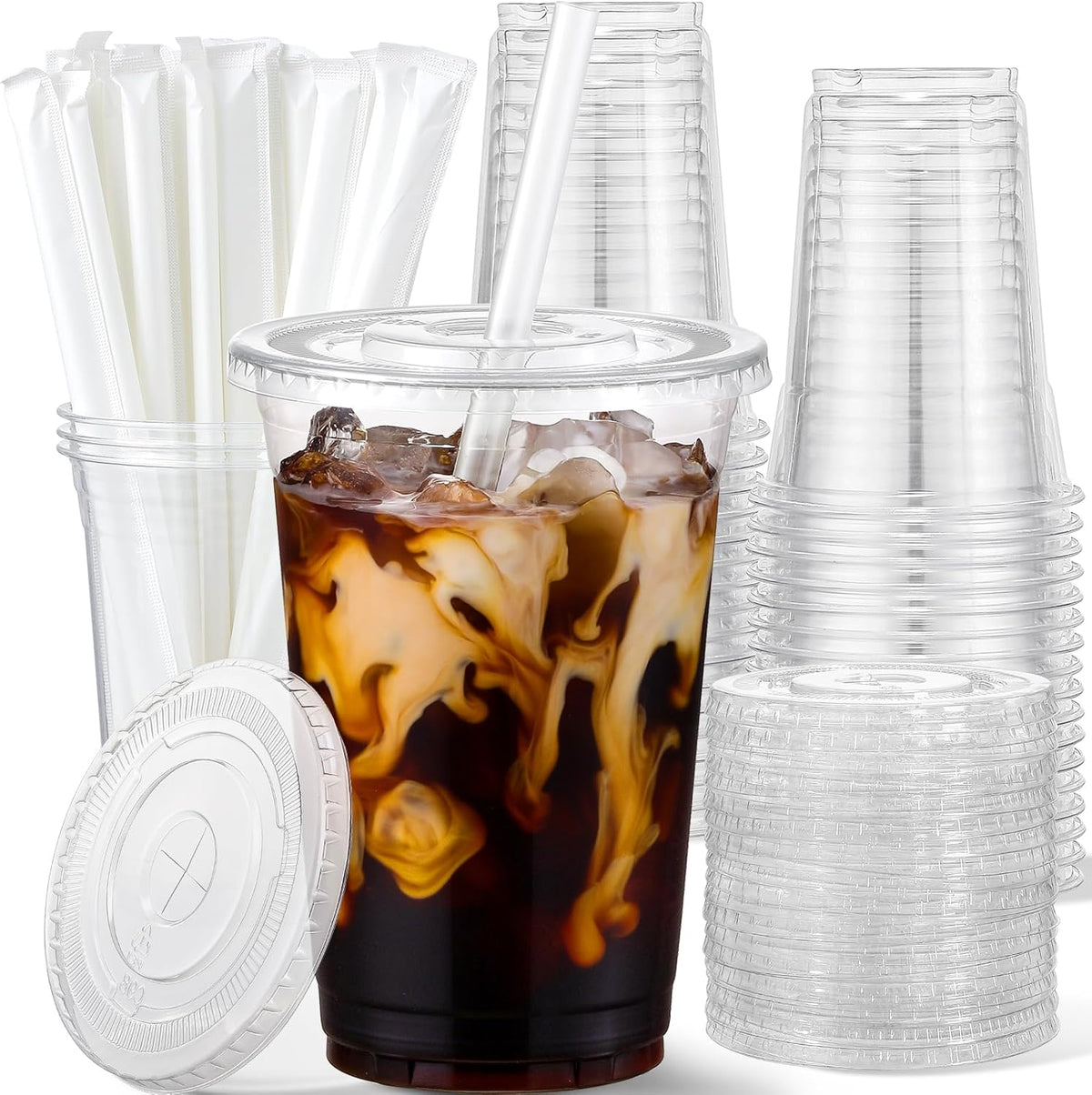 AOZITA 25 Pack - 16 oz Plastic Cups with Lids and Straws, Clear Iced Coffee Cups with Lids, Disposable Cups with Lids for Cold Drinks, Iced Tea, Milkshakes, Smoothies - Durable & BPA Free
