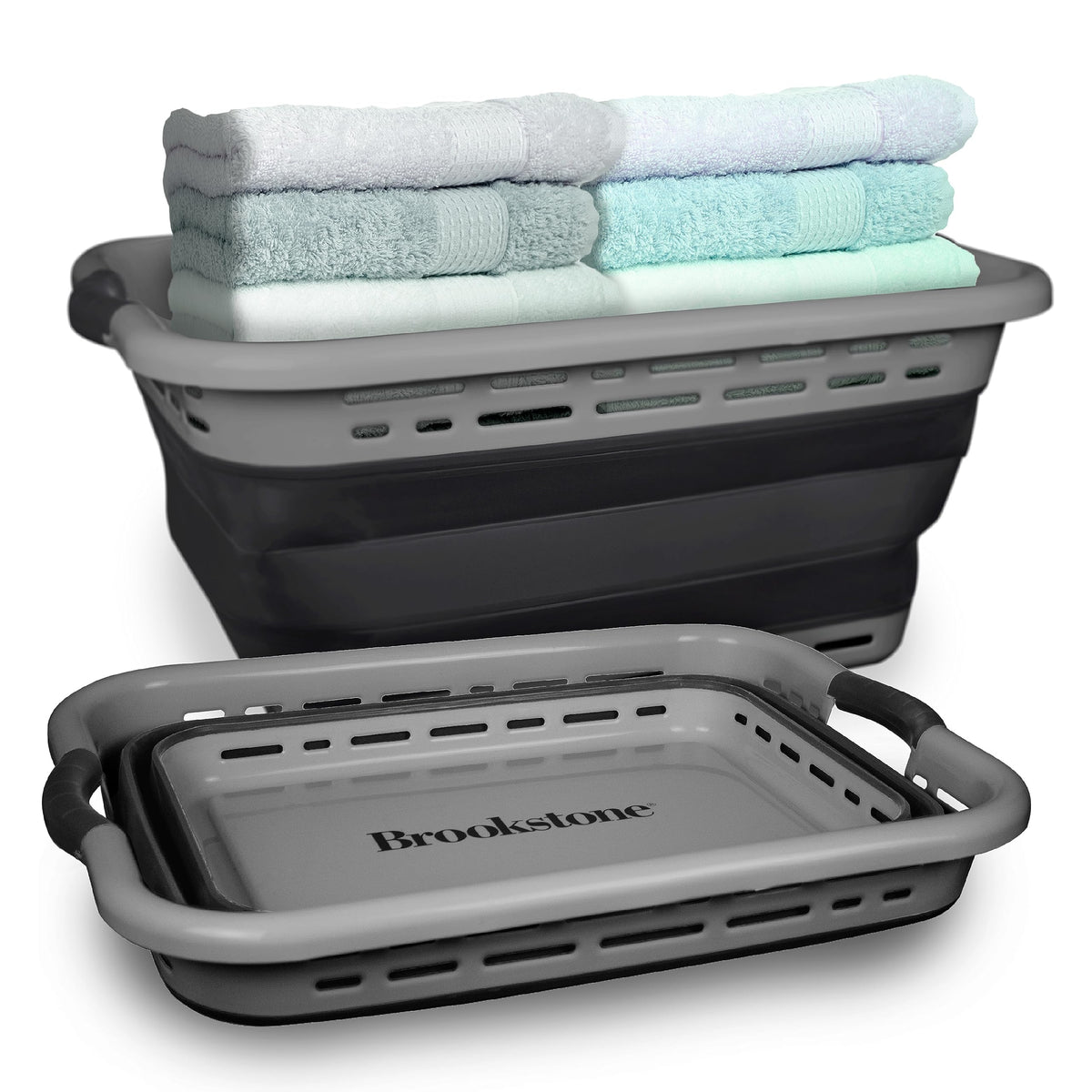 BROOKSTONE 11 GALLON XL 24" Collapsible Laundry Basket & Clothes Hamper, Comfort Non-Slip Handles, Modern Laundry Hamper with Space Saving Design, Portable Pop-Up Hamper, BPA FREE, Grey, 1 Pack