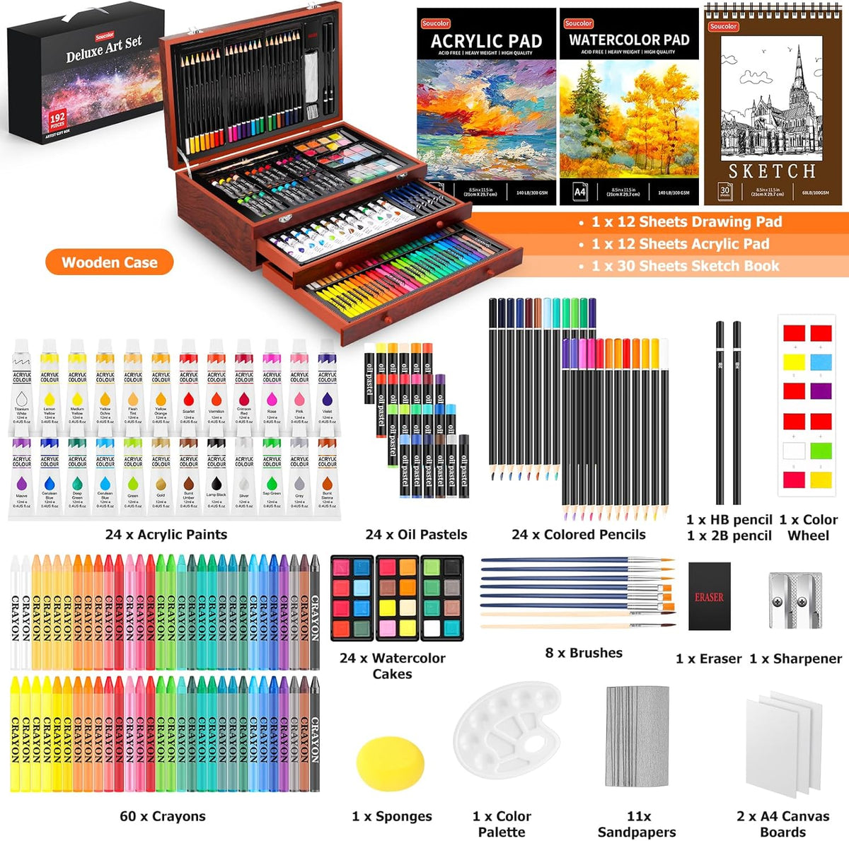 Soucolor Art Supplies, 192-Pack Deluxe Art Set Drawing Painting Supplies Kit with Acrylic Pad, Watercolor Pad, Sketch Book, Canvases, Acrylic Paint, Crayons, Pencils, Gifts for Artist Adults Teen Kids