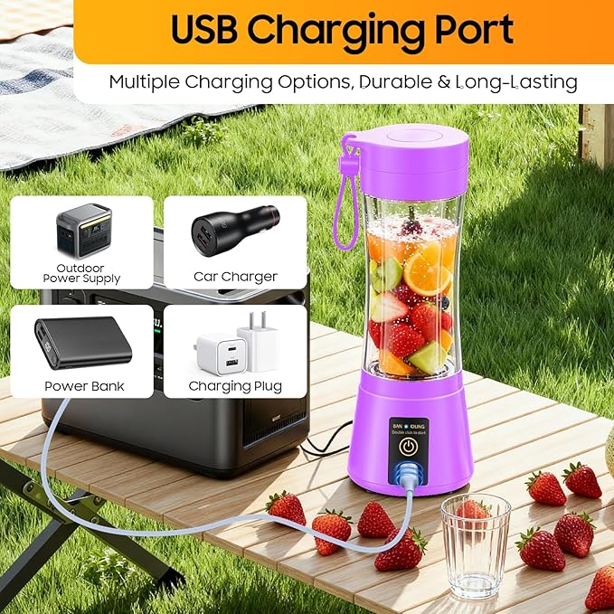 Portable Blender for Smoothies and Shakes - Cordless Personal Blender with 380Ml BPA Free Travel Cup, 6 Stainless Steel Blades for Powerful Blending, Suit for Sports/Travel/Home