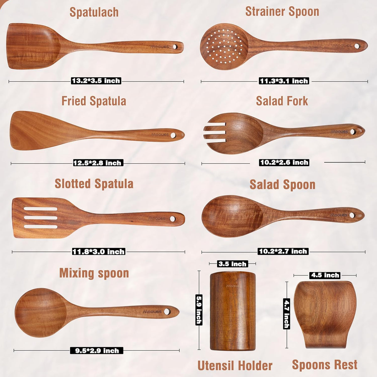 9‑Piece Natural Teak Wooden Kitchen Utensil Set with Spoon Rest and Holder
