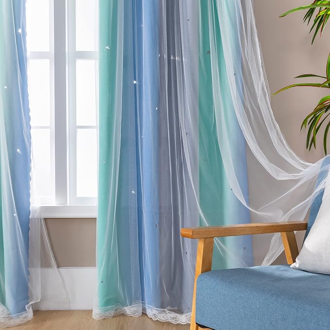 XiDi Curtains for Bedroom Decor, Rainbow BluGrenGrey-34-45