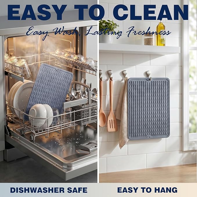 CAKETIME 2 Pack Silicone Dish Drying Mat for Kitchen Counter Coffee Bar Easy to Clean Near Faucet Under Sink Bathroom Vanity Tray Small Gadgets Rack Home Decor Essentials 17"x6" Black