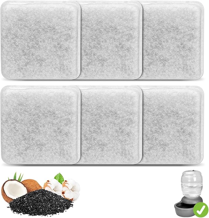 6 Pack Charcoal Replacement Filters for 0.5/1/2.5/4 GAL Gravity Waterer, YOIHABV Cat Fountain Filters, Dog Water Dispenser Filters, Pet Fountain Filter Replacement, Control Chlorine and Odor