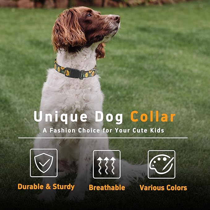 Dog Collar for Boys Girls, Sunflower Puppy Collar for Small Medium Large Dogs, Adjustable Soft Floral Pet Collar with Safety Buckle for Male Females(Black Sunflower,L)