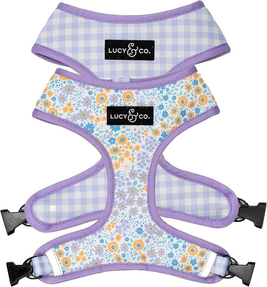 Lucy & Co. Cute Reversible Dog Harness Walking Halter - Best Designer Pet Harnesses for XS - XL Dogs - Padded Adjustable Vest for Easy Walking (X-Large, Among The Wildflowers - Purple Floral)