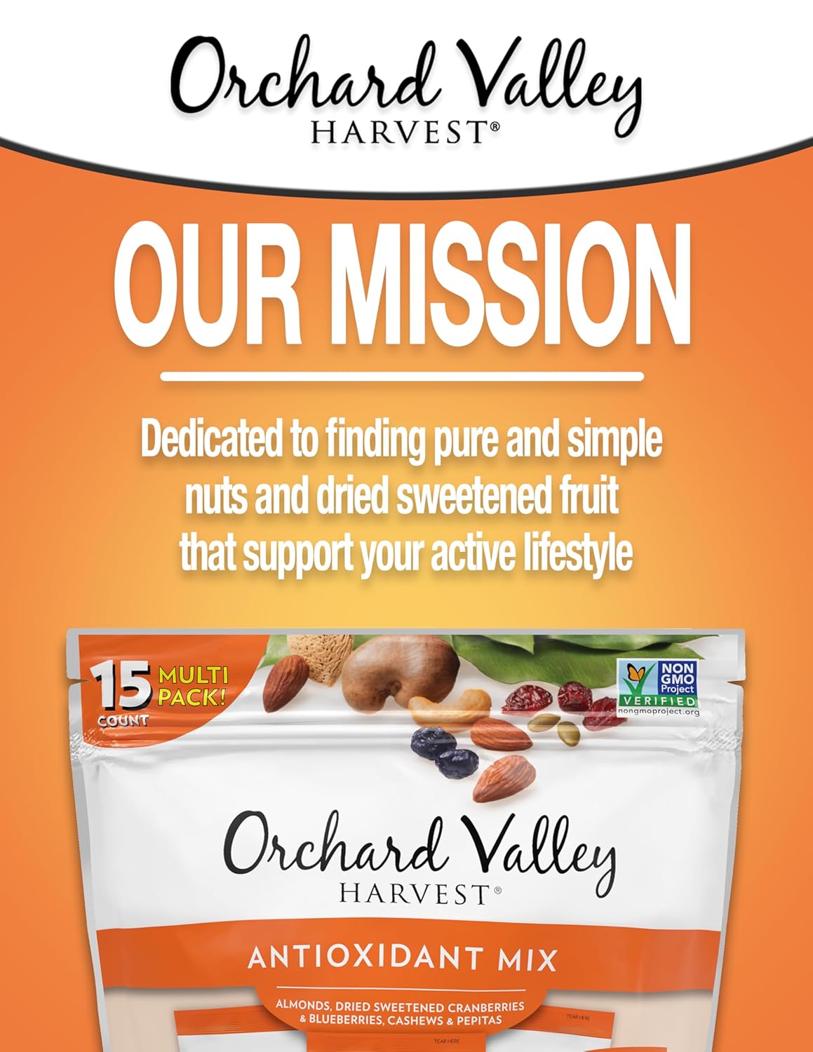 Orchard Valley Harvest Antioxidant Mix, 1 Ounce Bags (Pack of 15), Almonds, Cranberries, Blueberries, Cashews, and Pepitas, Non-GMO, No Artificial Ingredients, Healthy Snacks for Adults